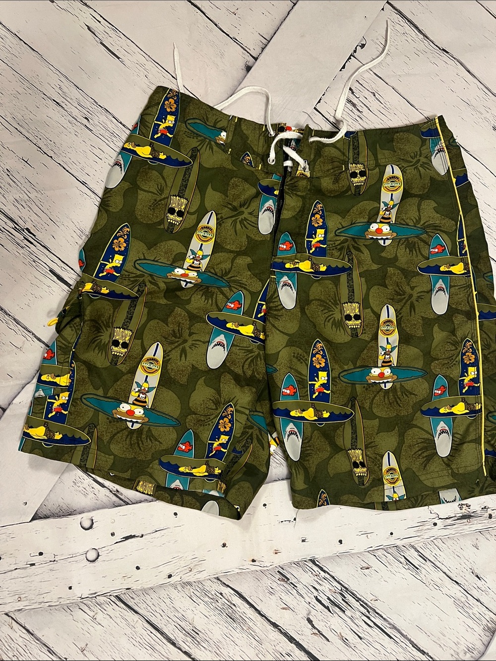 Men's Olive Green Surf Print Swim Board Shorts Simpsons